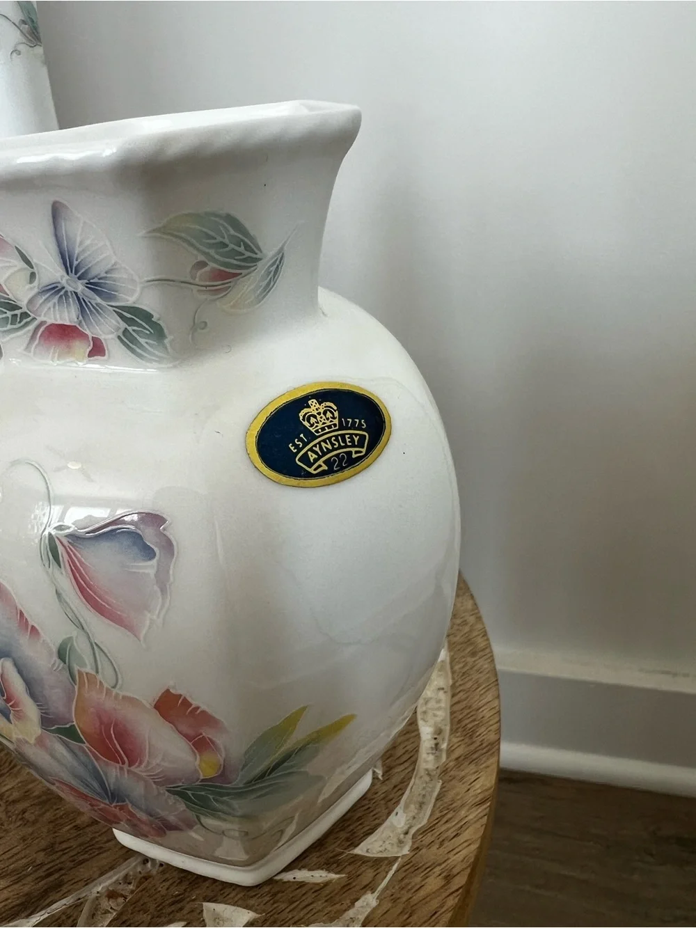 Lot of 3 Aynsley Floral Porcelain Accent Vase - White with Pink & Blue Flowers